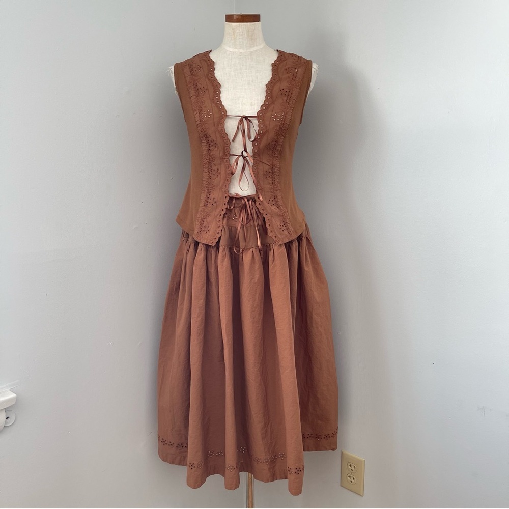 Cottagecore Free People Brown Gisabel 2 piece Skirt Set NWOT Small